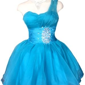 DANCING QUEEN Prom One Shoulder Mini Short Dress Ball Gown Tulle Layered Blue S